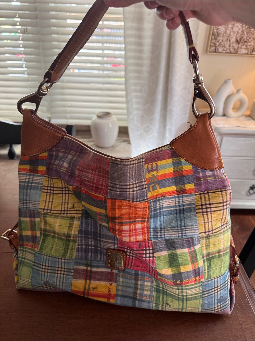 Dooney & Bourke Multicolor Plaid Patchwork Shoulder Bag with Brown Leather Trim